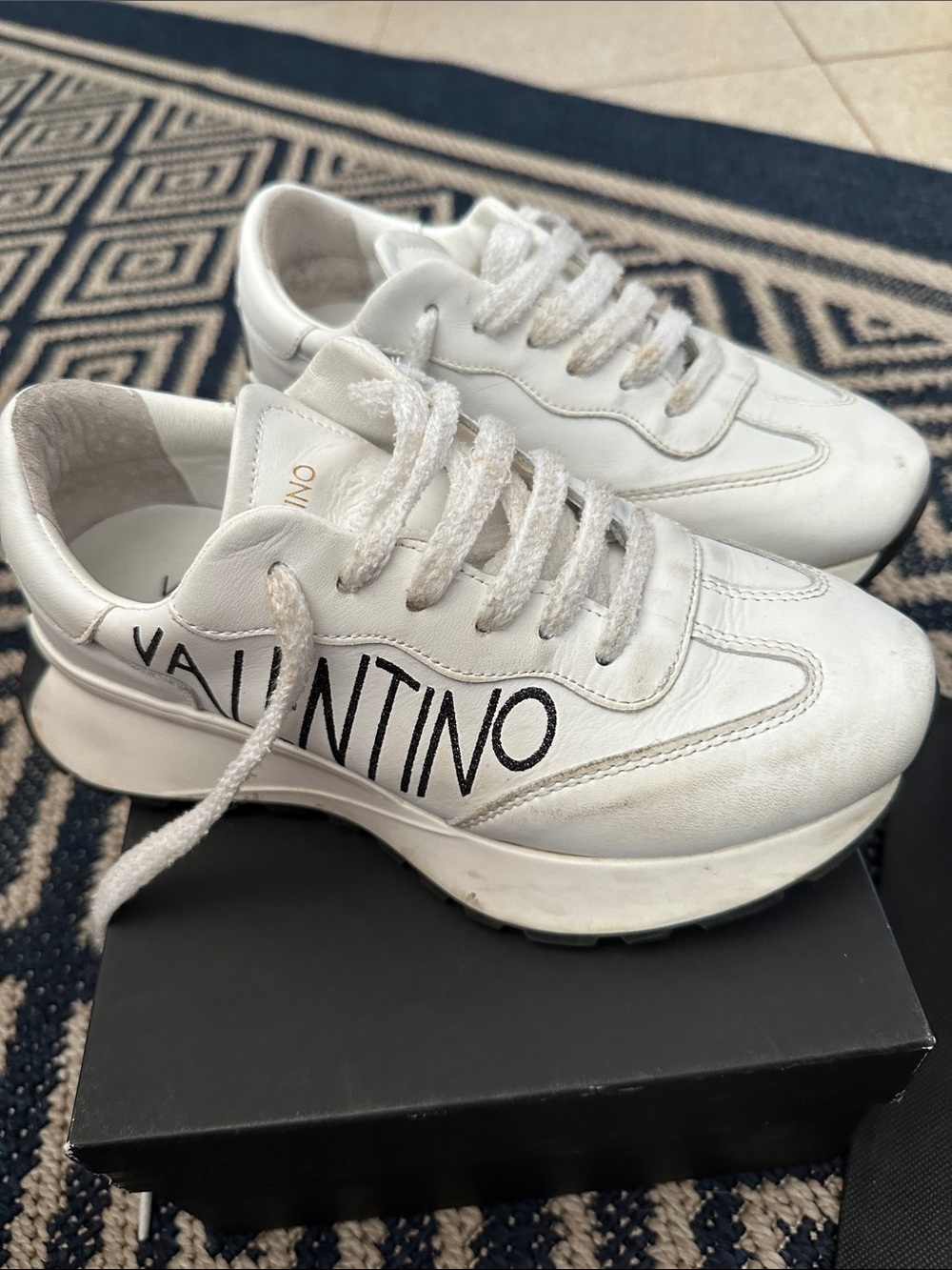 Valentino White Leather Logo Platform Sneakers with Black Script